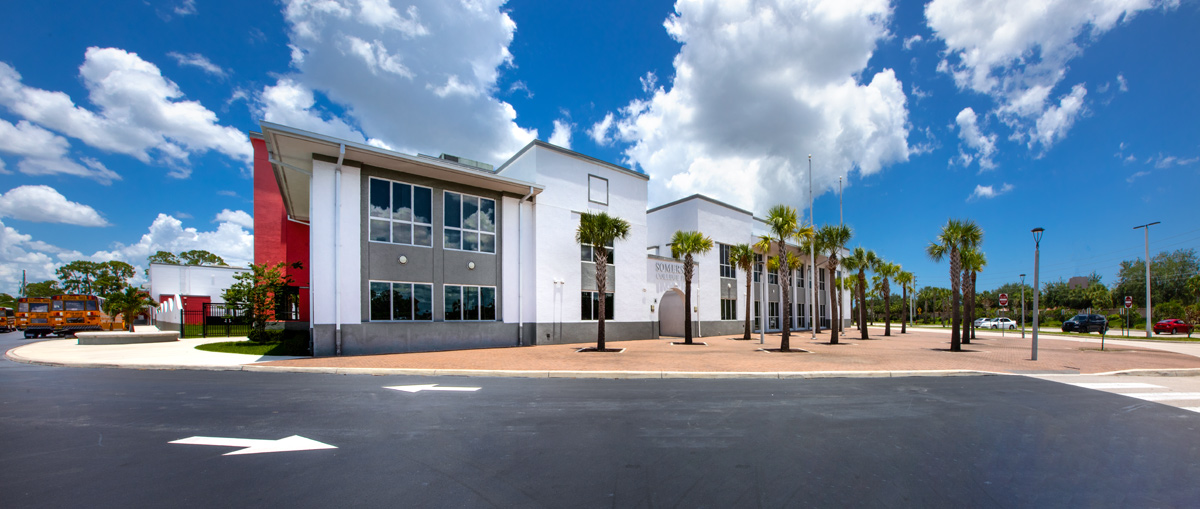 Architectural view of the Somerset Collegiate Preparatory Academy chater high school in Port St Lucie, FL